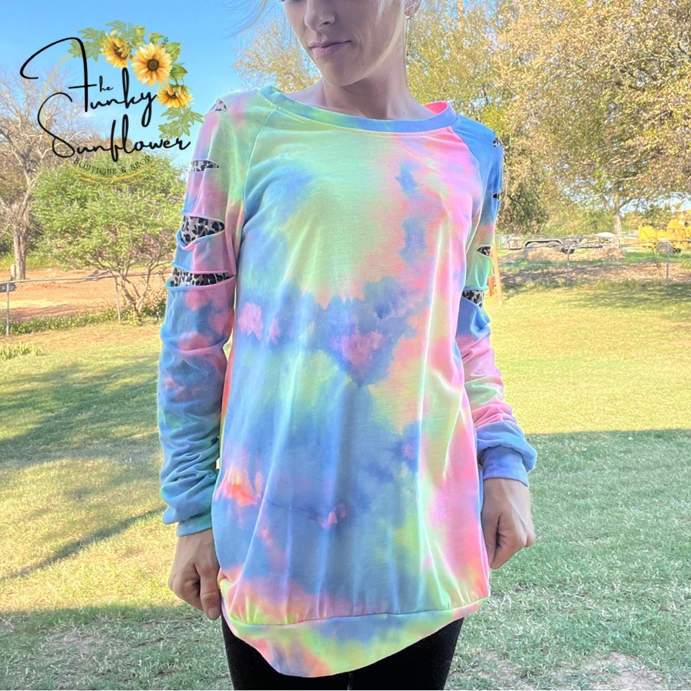 Tie Dye Leopard Razor Cut Long Sleeve Top